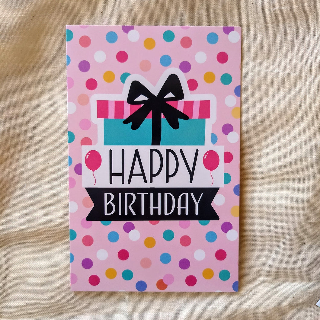 Happy birthday kaart - kleurrijke stippen en cadeau - Insight Stones