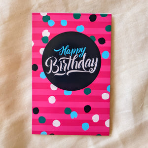 Happy birthday kaart - roze en zwart met stippen - Insight Stones