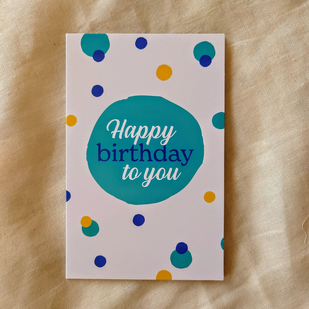 Happy birthday kaart - wit met blauwe en gele stippen - Insight Stones